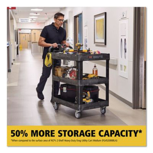 Rubbermaid Commercial BRUTE 3-Shelf Heavy-Duty Ergo Lipped Utility Cart, Resin, 3 Shelves, 600 lb Capacity, 25.24" x 44" x 47", Black (2196862)