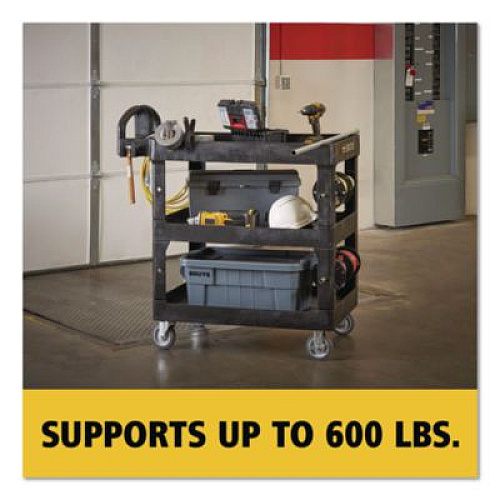 Rubbermaid Commercial BRUTE 3-Shelf Heavy-Duty Ergo Lipped Utility Cart, Resin, 3 Shelves, 600 lb Capacity, 25.24" x 44" x 47", Black (2196862)