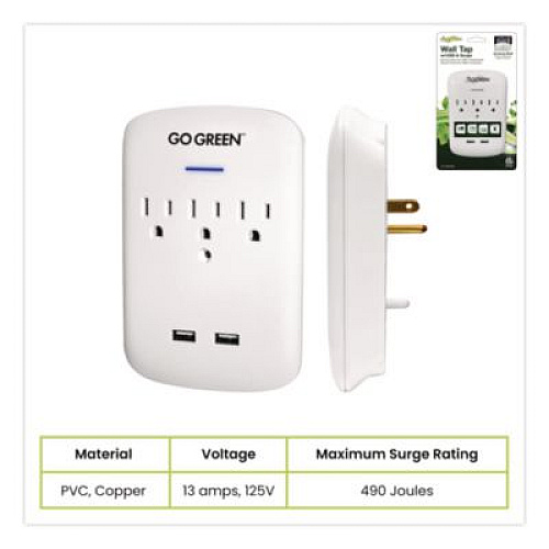 GoGreen Power 3 Outlet 2 USB Wall Tap, 735 J, White (GG13000USB2)