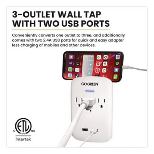 GoGreen Power 3 Outlet 2 USB Wall Tap, 735 J, White (GG13000USB2)