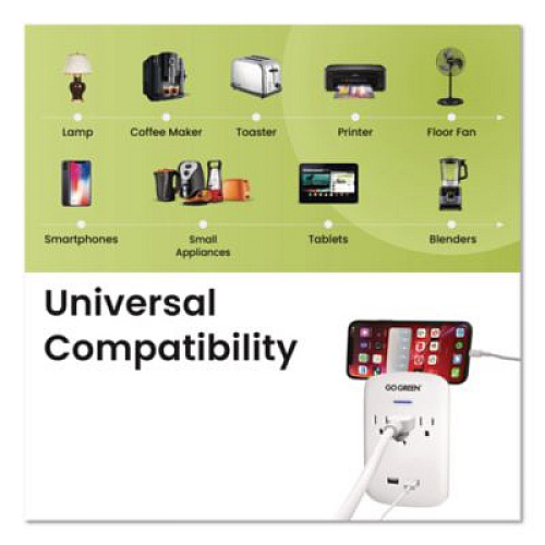 GoGreen Power 3 Outlet 2 USB Wall Tap, 735 J, White (GG13000USB2)