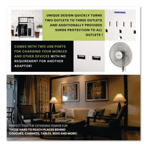 GoGreen Power 3 Outlet 2 USB Wall Tap, 735 J, White (GG13000USB2)