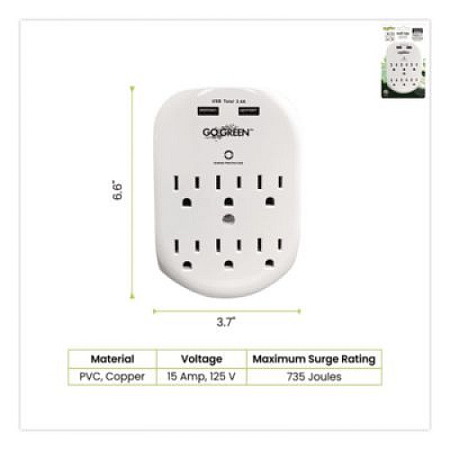 GoGreen Power 6 Outlet 4 USB Wall Tap, 735 J, White (GG16000USB4)