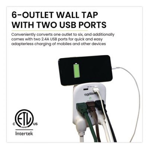 GoGreen Power 6 Outlet 4 USB Wall Tap, 735 J, White (GG16000USB4)