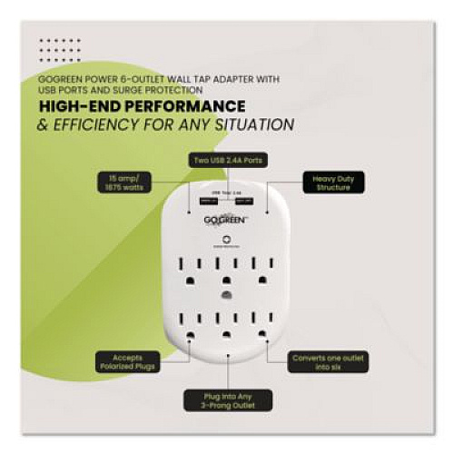 GoGreen Power 6 Outlet 4 USB Wall Tap, 735 J, White (GG16000USB4)
