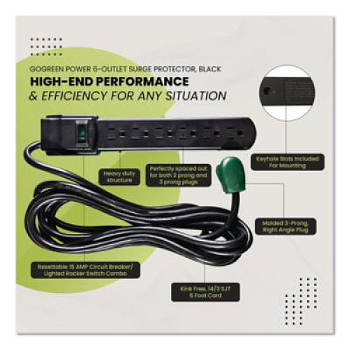 GoGreen Power 6 Outlet Surge Protector, 6 ft Cord, 250 J, Black (GG16106MSBK)
