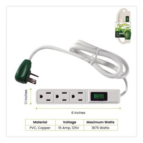 GoGreen Power 3 Outlet Power Strip, 2.5 ft Cord, White, 3/Pack (GG13002MS3)