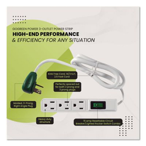 GoGreen Power 3 Outlet Power Strip, 2.5 ft Cord, White, 3/Pack (GG13002MS3)