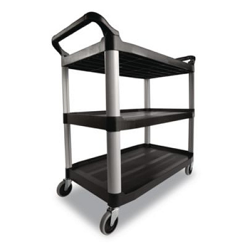 Rubbermaid Commercial Xtra Utility Cart with Open Sides, Plastic, 3 Shelves, 300 lb Capacity, 40.63" x 20" x 37.81", Black (409100BLA)