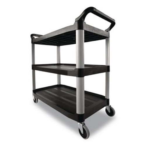 Rubbermaid Commercial Xtra Utility Cart with Open Sides, Plastic, 3 Shelves, 300 lb Capacity, 40.63" x 20" x 37.81", Black (409100BLA)