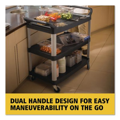 Rubbermaid Commercial Xtra Utility Cart with Open Sides, Plastic, 3 Shelves, 300 lb Capacity, 40.63" x 20" x 37.81", Black (409100BLA)