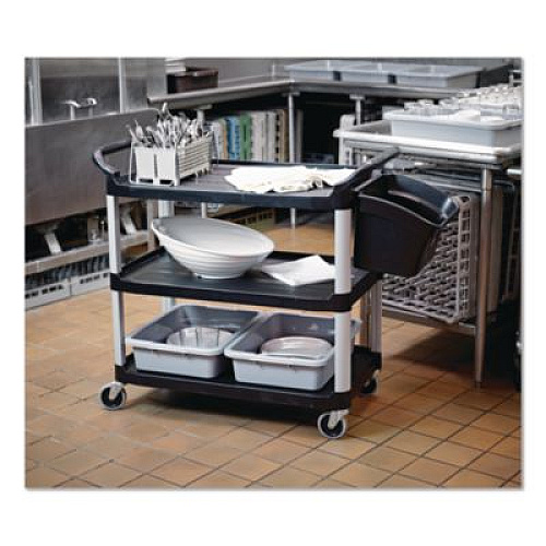 Rubbermaid Commercial Xtra Utility Cart with Open Sides, Plastic, 3 Shelves, 300 lb Capacity, 40.63" x 20" x 37.81", Black (409100BLA)