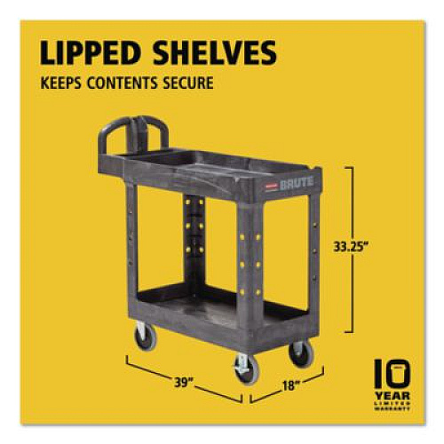 Rubbermaid Commercial BRUTE Heavy-Duty Utility Cart with Lipped Shelves, Plastic, 2 Shelves, 500 lb Capacity, 17.13" x 38.5" x 38.88", Black (450088BK)