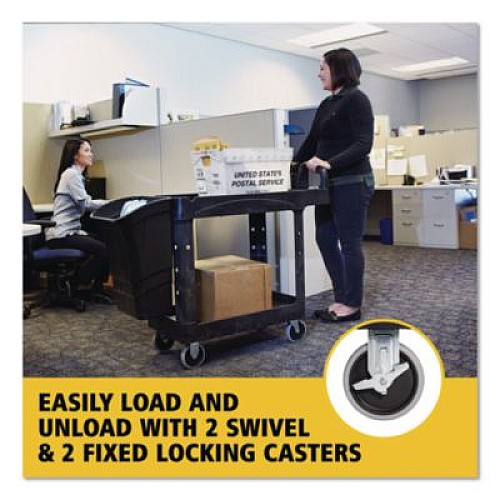 Rubbermaid Commercial BRUTE Heavy-Duty Utility Cart with Lipped Shelves, Plastic, 2 Shelves, 500 lb Capacity, 17.13" x 38.5" x 38.88", Black (450088BK)