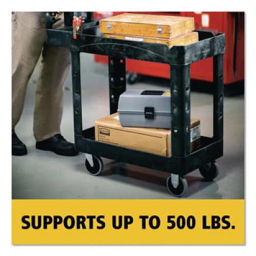 Rubbermaid Commercial BRUTE Heavy-Duty Utility Cart with Lipped Shelves, Plastic, 2 Shelves, 500 lb Capacity, 17.13" x 38.5" x 38.88", Black (450088BK)