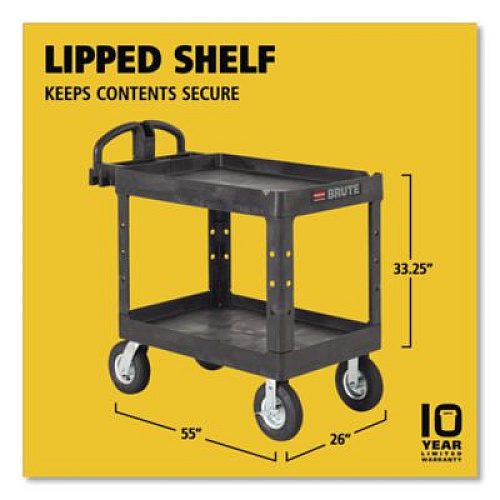 Rubbermaid Commercial BRUTE Heavy-Duty Utility Cart with Lipped Shelves, Plastic, 2 Shelves, 500 lb Capacity, 25.88" x 45.25" x 37.13", Black (452010BLA)