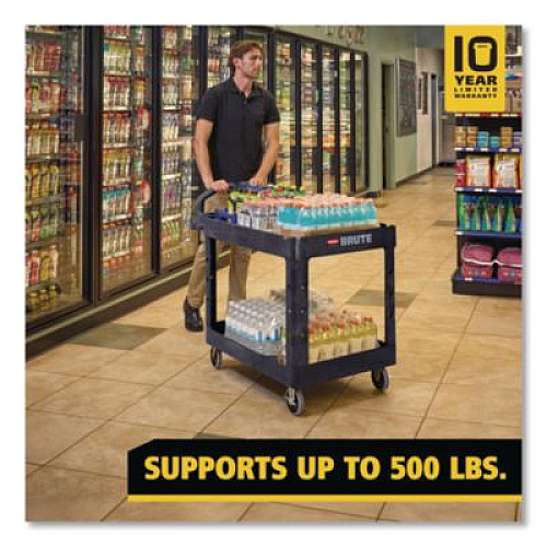 Rubbermaid Commercial BRUTE Heavy-Duty Utility Cart with Lipped Shelves, Plastic, 2 Shelves, 500 lb Capacity, 25.9" x 45.2" x 32.2",  Black (452088BK)