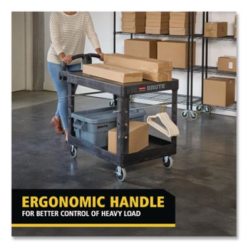 Rubbermaid Commercial Flat Shelf Utility Cart, Plastic, 2 Shelves, 500 lb Capacity, 25.25" x 44" x 38.13", Black (452500BK)