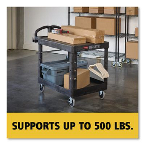 Rubbermaid Commercial Flat Shelf Utility Cart, Plastic, 2 Shelves, 500 lb Capacity, 25.25" x 44" x 38.13", Black (452500BK)