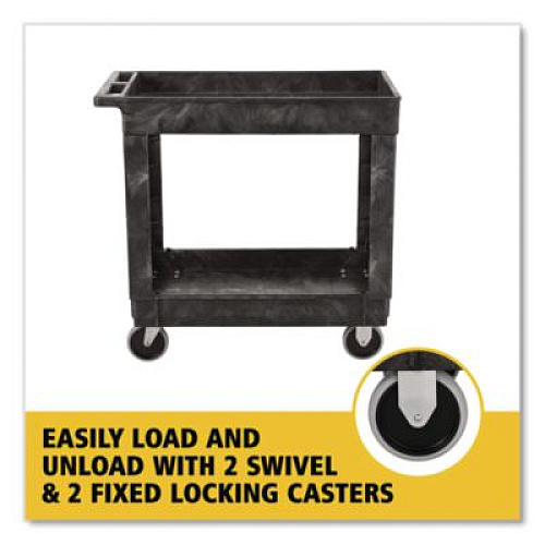 Rubbermaid Commercial Heavy-Duty Utility Cart with Lipped Shelves, Plastic, 2 Shelves, 500 lb Capacity, 25.78" x 45.25" x 33.25", Black (452089BLA)