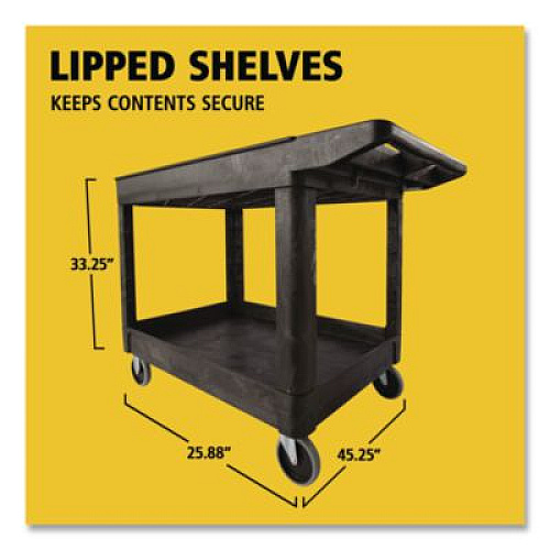 Rubbermaid Commercial Heavy-Duty Utility Cart with Lipped Shelves, Plastic, 2 Shelves, 500 lb Capacity, 25.78" x 45.25" x 33.25", Black (452089BLA)