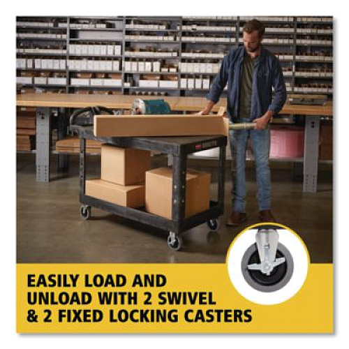 Rubbermaid Commercial Heavy-Duty Utility Cart with Flat Shelves, Plastic, 2 Shelves, 500 lb Capacity, 25.25" x 54" x 36", Black (4545BLA)