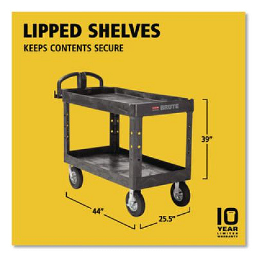 Rubbermaid Commercial BRUTE Heavy-Duty Utility Cart with Lipped Shelves, Plastic, 2 Shelves, 750 lb Capacity, 25.25" x 54" x 39.25", Black (454610BLA)