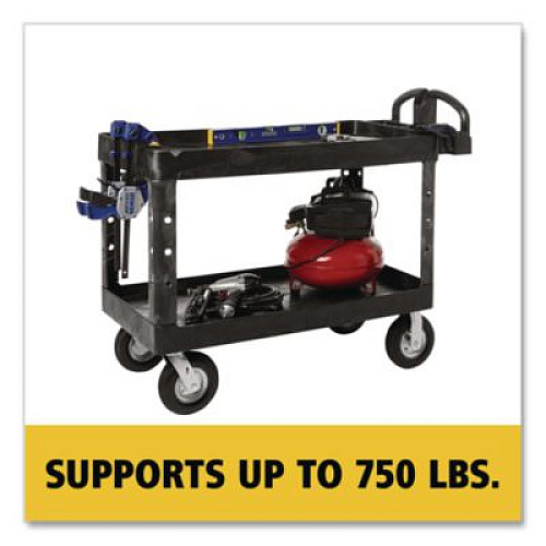 Rubbermaid Commercial BRUTE Heavy-Duty Utility Cart with Lipped Shelves, Plastic, 2 Shelves, 750 lb Capacity, 25.25" x 54" x 39.25", Black (454610BLA)
