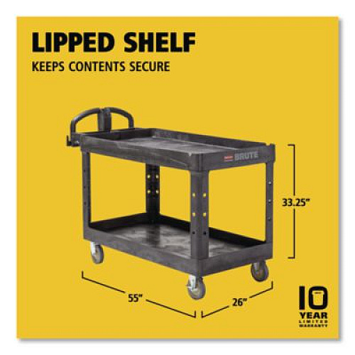 Rubbermaid Commercial BRUTE Heavy-Duty Utility Cart with Lipped Shelves, Plastic, 2 Shelves, 750 lb Capacity, 26" x 55" x 33.25", Black (4546BLA)