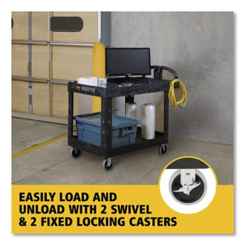 Rubbermaid Commercial BRUTE Heavy-Duty Utility Cart with Lipped Shelves, Plastic, 2 Shelves, 750 lb Capacity, 26" x 55" x 33.25", Black (4546BLA)