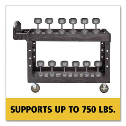 Rubbermaid Commercial BRUTE Heavy-Duty Utility Cart with Lipped Shelves, Plastic, 2 Shelves, 750 lb Capacity, 26" x 55" x 33.25", Black (4546BLA)