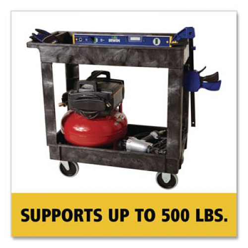 Rubbermaid Commercial Heavy-Duty Flat-Handle Maintenance/Utility Cart, Plastic, 2 Shelves, 500 lb Capacity, 34.13" x 17.38" x 32.38", Black (9T6600BLA)
