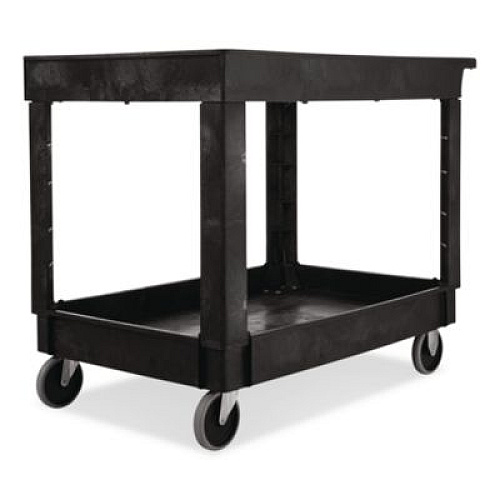 Rubbermaid Commercial Heavy-Duty Flat-Handle Maintenance/Utility Cart, Plastic, 2 Shelves, 500 lb Capacity, 24" x 40" x 31.25", Black (9T6700BLA)