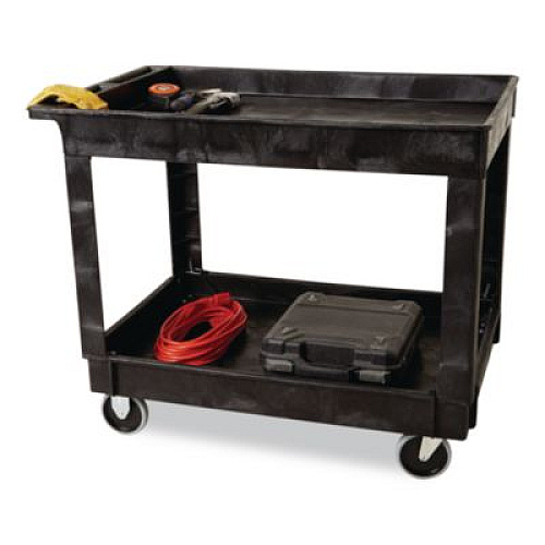 Rubbermaid Commercial Heavy-Duty Flat-Handle Maintenance/Utility Cart, Plastic, 2 Shelves, 500 lb Capacity, 24" x 40" x 31.25", Black (9T6700BLA)