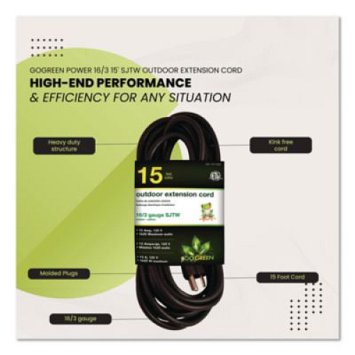 GoGreen Power 16 AWG Outdoor Extension Cord, 15 ft, 13 A, Black (GG13715BK)