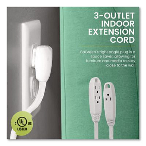 GoGreen Power 3 Outlet Indoor Extension Cord, 8 ft, 13 A, White (GG19608)