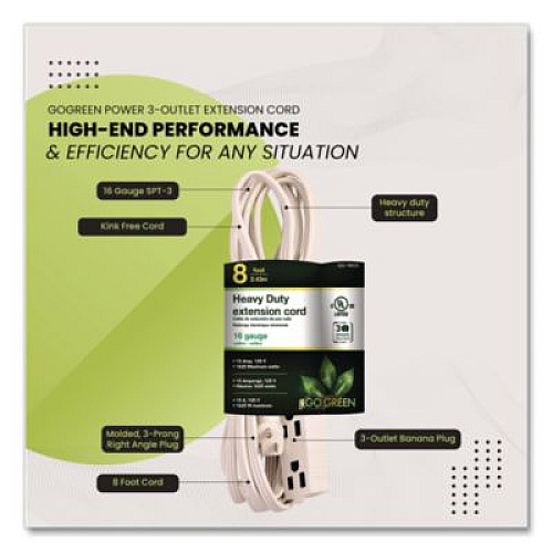 GoGreen Power 3 Outlet Indoor Extension Cord, 8 ft, 13 A, White (GG19608)