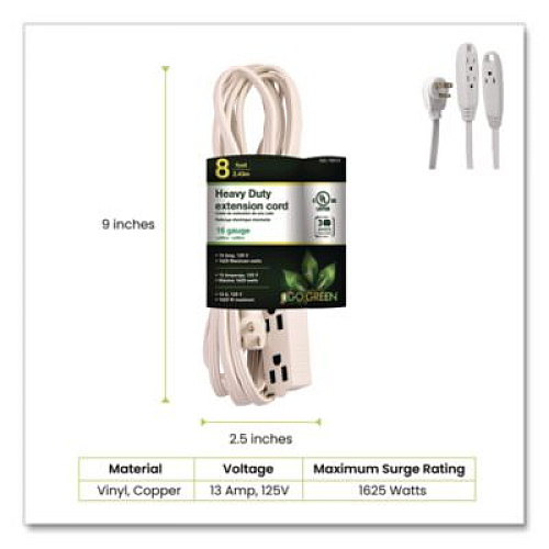 GoGreen Power 3 Outlet Indoor Extension Cord, 8 ft, 13 A, White (GG19608)