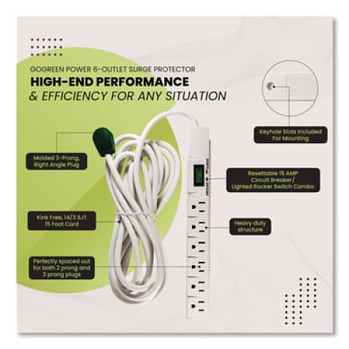 GoGreen Power 6 Outlet Surge Protector, 15 ft Cord, 1,200 J, White (GG1631515)