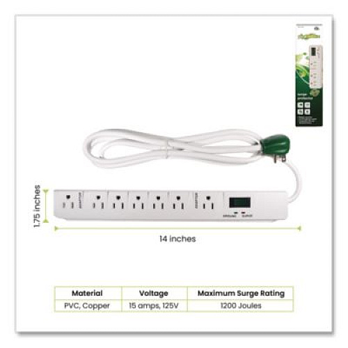 GoGreen Power 7 Outlet Surge Protector, 6 ft Cord, 1,200 J, White (GG17636)