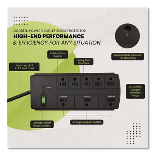 GoGreen Power 8 Outlet Surge Protector, 6 ft Cord, 750 J, Black (GG18316BK)