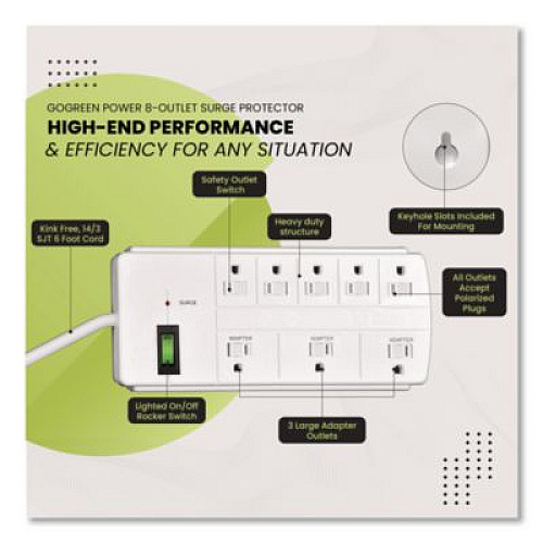 GoGreen Power 8 Outlet Surge Protector, 6 ft Cord, 750 J, White (GG18316WH)