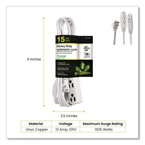 GoGreen Power 3 Outlet Indoor Extension Cord, 15 ft, 13 A, White (GG19615)