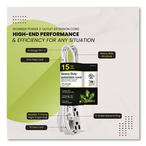 GoGreen Power 3 Outlet Indoor Extension Cord, 15 ft, 13 A, White (GG19615)