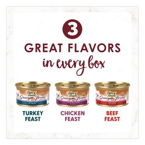 Fancy Feast Gravy Lovers Poultry and Beef Variety Pack, Assorted Flavors, 3 oz Can, 48/Carton (22002666)