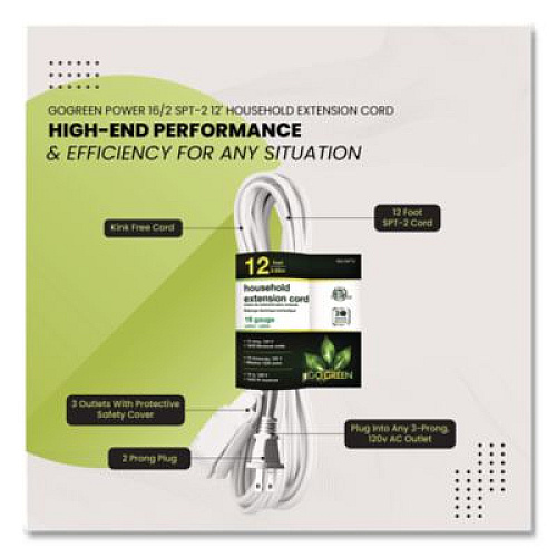 GoGreen Power Household Extension Cord, 12 ft, 13 A, White, 3/Pack (GG247123)