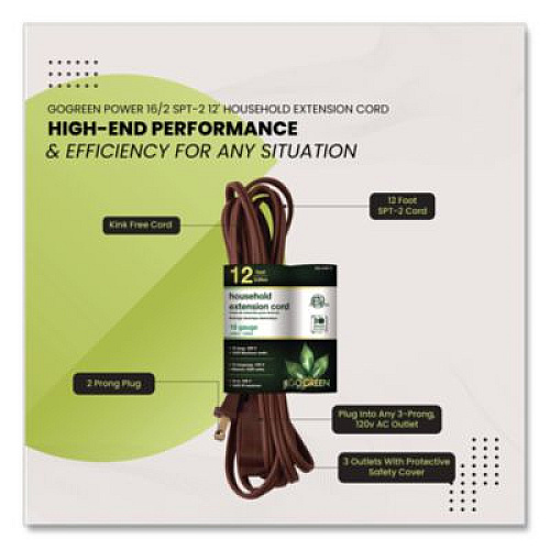 GoGreen Power Household Extension Cord, 12 ft, 13 A, Brown, 3/Pack (GG248123)