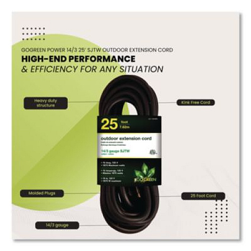GoGreen Power 14 AWG Outdoor Extension Cord, 25 ft, 15 A, Black (GG13825BK)