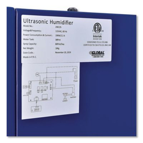 Global Industrial Ultrasonic Humidifier, 38 pt Tank Capacity, 150 pt Output, 13.75 x 23.62 x 18.25, Blue (246136)