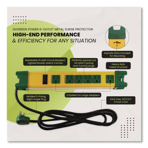 GoGreen Power 6 Outlet Metal Surge Protector, 6 ft Cord, 250 J, Yellow (GG26114)